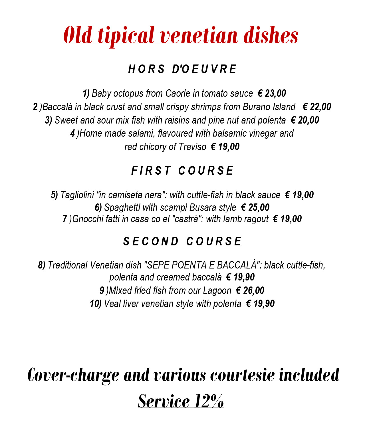 Traditional Venetian Menu - November 2022